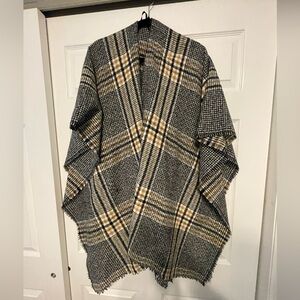 Plaid Fringe Ruana Poncho in Black and Beige